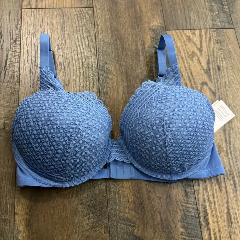 Auden Blue Lace Plunge Coverage Push-Up Bra 38D New Underwire Coquette - Picture 1 of 10